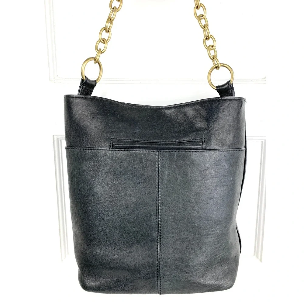 Laundry by Shelli Segal Black Leather Hobo Bucket Purse Gold Chain Strap Medium